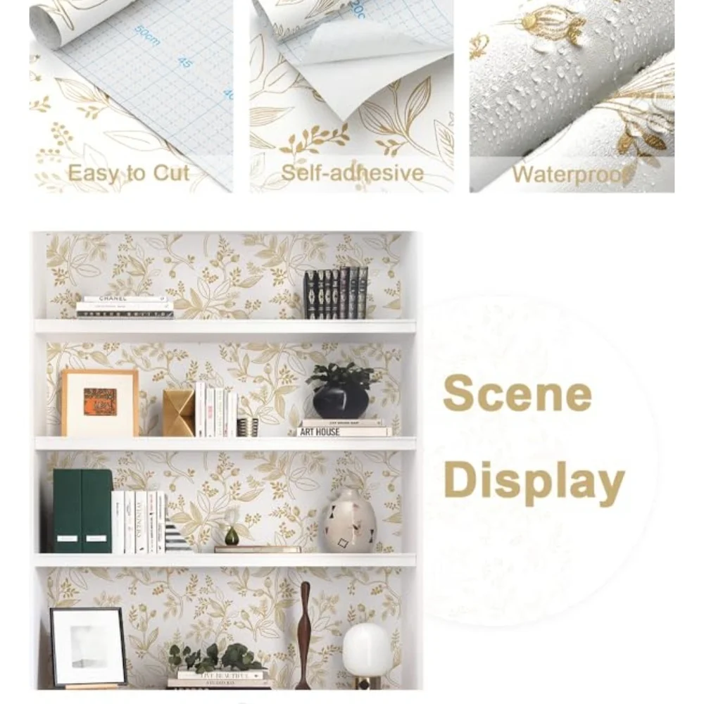 4 Rolls Floral Wallpaper Peel and Stick White and Gold Contact Paper Modern